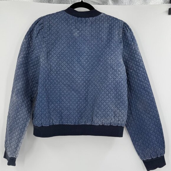 1.State Womens Quilted Bomber Jacket M Blue Cotton/Polyester Blend Ribbed Trim - Picture 2 of 9